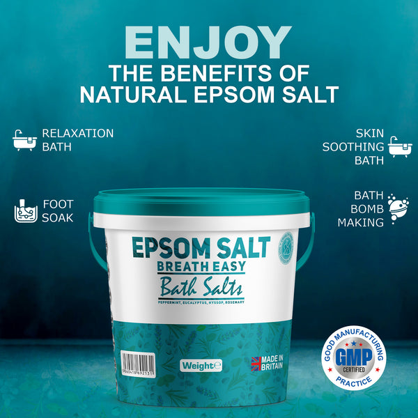 Scented Epsom Bath Salts - Breath Easy with Peppermint, Eucalyptus & Rosemary Essential Oils | Magnesium Sulphate | Infused Bath & Foot Soak
