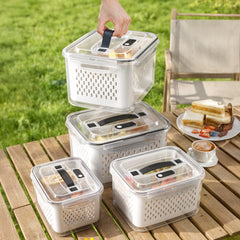 4 Piece Double Drainage Crisper, Outdoor Handheld Picnic Box, Field Fruit & Vegetable Organizer, Picnic Double Drainage, Refrigerator Crisper, Gray & White