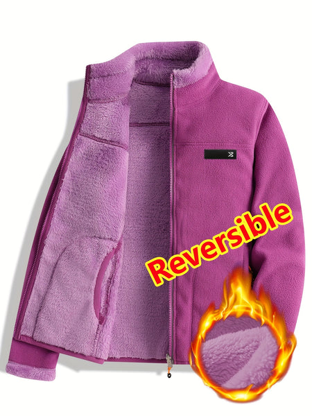 Women's Spring Casual Jacket, Thickened Shaggy Warm Printed Reversible Coral Sweatshirt, Double-Sided Outerwear
