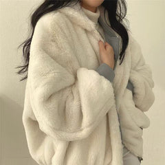 Women's Winter Double-Sided Plush Padded Jacket with Hood & Pockets - Thickened Lamb Outer Coat, Zipper Closure, Solid Color Casual Sweater for Cold Weather (No elastic fabric)