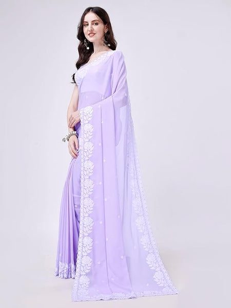 Estationeryhouse Women's Georgette Embroidery Border Work Designer Saree with Blouse Piece