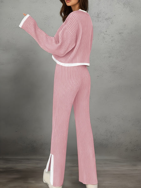 Women'S Short Color-Blocked Long-Sleeve Top with Solid Color Pants, a Casual And Stylish Outfit for Christmas