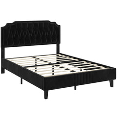 Costoffs Double/King Bed Frame Upholstered Platform Bed with Adjustable Button Tufted Headboard/Velvet Fabric/Mattress Foundation/Sturdy Wooden Slat Support, No Box Spring Needed, Black/Beige/Dark Grey/Light Grey