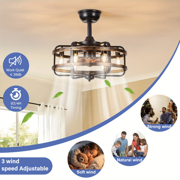 45.72cm Retro Industrial Ceiling Fan, Commercial Lighting E14*6 Bulb Base, Reversible 3 Wind Speed Fan Light, 1/2/4 Timed Operation Quiet, 2 Boom Adjustable Height, Tilted Low Ceiling Can Also Be Installed (Bulb Not Included)