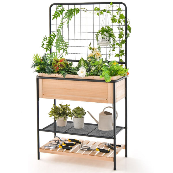 Raised Garden Bed with Trellis and 2-Tier Storage Shelves
