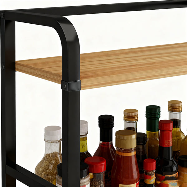 Two-Tier Coffee Bar Organizer for Kitchen Counter, Spice Rack, Versatile Mug Holder Display Stand, Accessory Storage Shelf with Hooks, Black