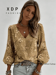 2D Flat Print Retro Western Style Shirt| V-neck Women's Long-sleeved Top with Colorful Small Floral Print, Bohemian Style Lantern Sleeve Design, Machine Washable, Suitable for Casual Attire and Vacations, 2D Flat