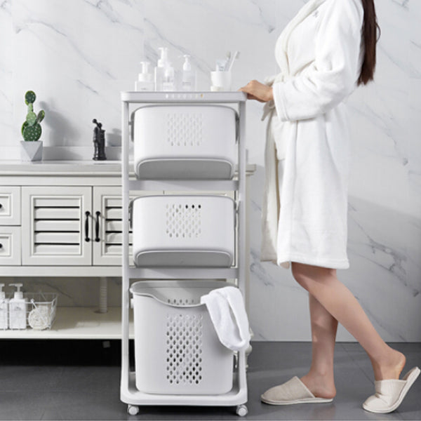 1pc, White Triple Layered, Bathroom Dirty Clothes Sorting Storage Basket, Household Multi-Purpose Laundry Changing Storage Basket, Fruit And Vegetable Snack Toy Storage Basket, Large Capacity to Save Space, with 4 Swivel Wheels, Smooth And Flexible Moveme