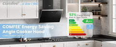 Midea COMFEE' 60cm Angled Cooker Hood Energy Class A++ - Tempered Glass Extractor Hood with Touch Screen, LED Lights, Recirculating & Ducting System, Wall-Mounted Black Kitchen Fan, A Must-Have for Every Home Kitchen