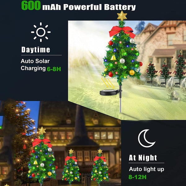 2 Set Solar Xmas Christmas Tree & Pathway Lights - Waterproof Outdoor Decor with Bow & Bell