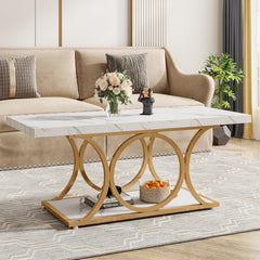 Rectangle Coffee Table, 47.24-inch Modern Coffee Tables for Living Room, 2-Tier Faux Marble Wood Coffee Table with Geometric Legs, Furniture with Storage Shelf (White & Gold)