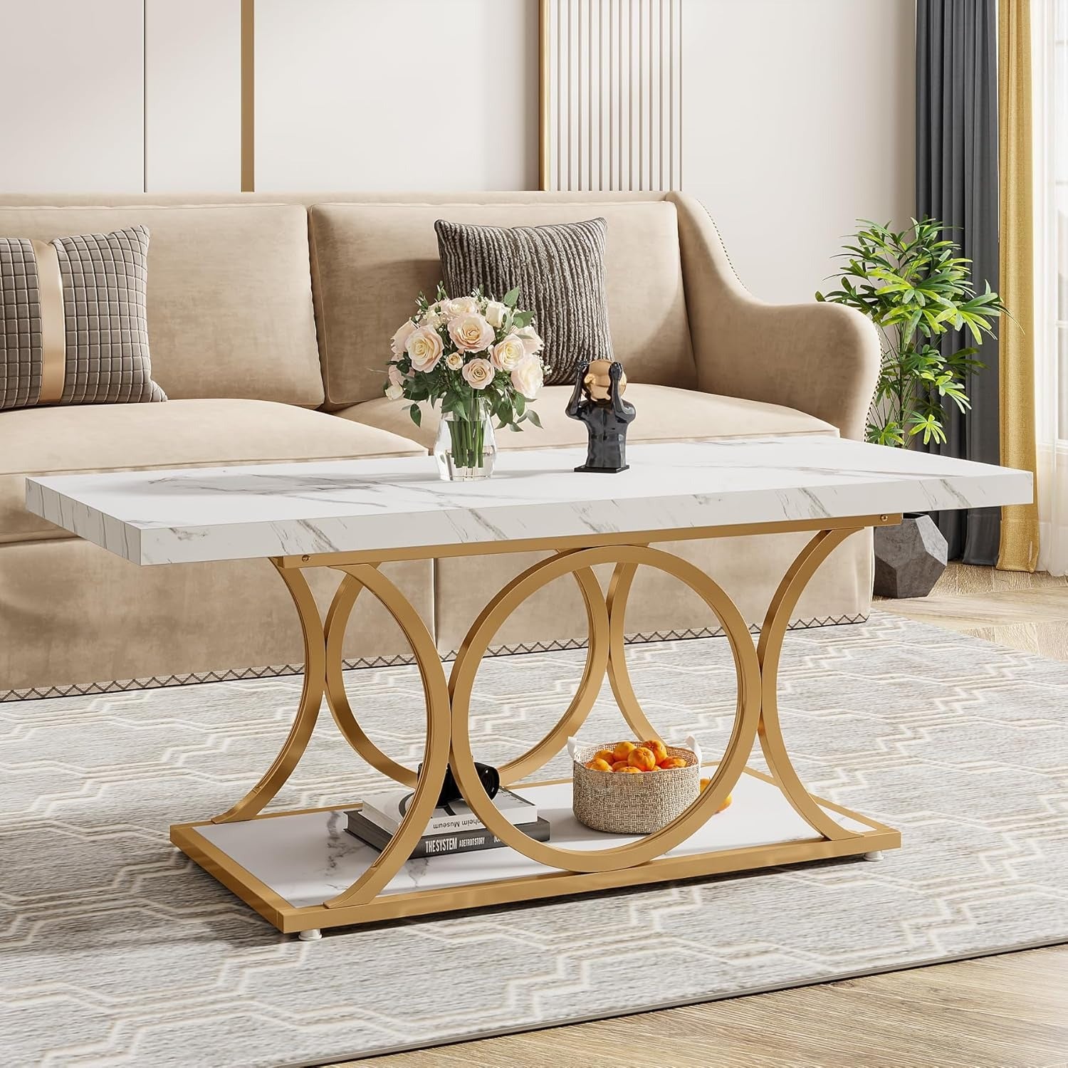 47 Inches Modern Coffee Tables for Living Room, 2-Tier Faux Marble Wood Coffee Table with Storage, Large Center Table with Gold Metal Legs