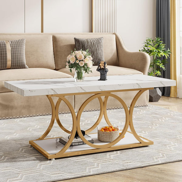 47 Inches Modern Coffee Tables for Living Room, 2-Tier Faux Marble Wood Coffee Table with Storage, Large Center Table with Gold Metal Legs