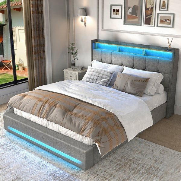 Upholstered Ottoman Bed/ 4 Drawer Storage Bed, 4ft6 Double Bed Frame with Storage & LED & USB, Gas Lift Up Storage Bed Hydraulic Upholstered Bed with Storage Headboard&Slats, Linen, No Mattress, Grey (Optional Purchase Of Mattress)