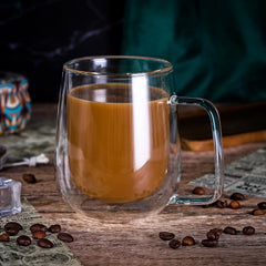 Vinsani Double Walled Coffee Drink Glasses Tea Cup Mug Heat Cold Resistant Aesthetic Clear Borosilicate Glass with Handle Cappuccino Latte Tea Dessert Hot and Cold Drinks