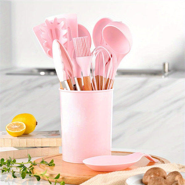 12pcs Silicone Kitchen Utensil Sets, Wooden Handle Cooking Utensils Set with Storage Bucket, Heat Resistant Non Stick Kitchen Utensils Set, Pink Kitchen Accessories Set