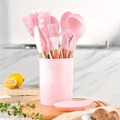 12pcs Silicone Kitchen Utensil Sets, Wooden Handle Cooking Utensils Set with Storage Bucket, Heat Resistant Non Stick Kitchen Utensils Set, Pink Kitchen Accessories Set