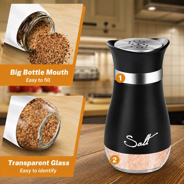 Salt and Pepper Shakers Set with Holder - Stainless Steel Seasoning Containers for Kitchen Counter Dining