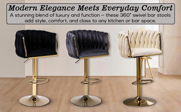 Set of 2 x Velvet Woven Upholstered Adjustable High Swivel Breakfast Bar Pub Home Stool Chair With Gold Metal base & Gas Lift (Cream/Gold)