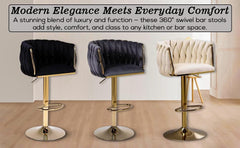 Set of 2 x Velvet Woven Upholstered Adjustable High Swivel Breakfast Bar Pub Home Stool Chair With Gold Metal base & Gas Lift (Cream/Gold)