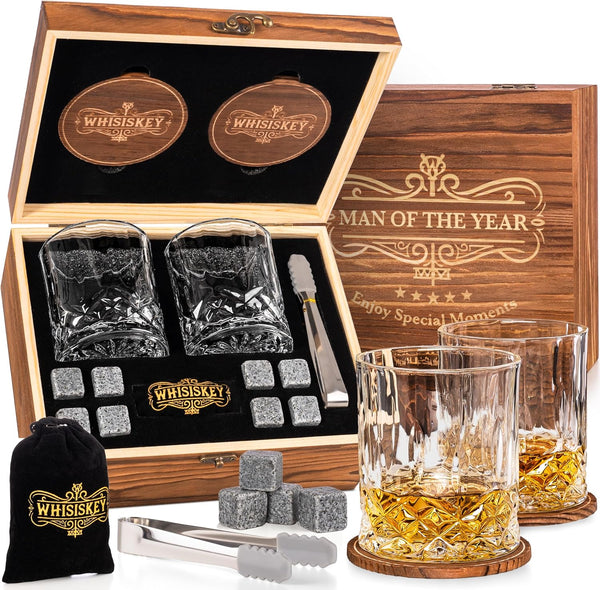 Whisiskey - Whiskey Glass Set - Gift Sets for Men - Whisky Glass Birthday Gifts for Men - Rum Tumblers - Mens Gifts - Whisky Set with 2 Glasses, 8 Whiskey Stones, Accessories