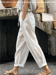 Women's Drawstring Waist Linen-Look Pants, Loose Casual Cropped Trousers with Pockets, Lightweight Summer Pants