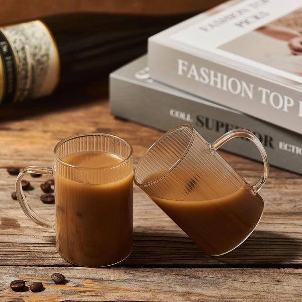 Set of 6 Striped Glass Espresso Shot Cups with Handles (160ml) - Stackable Borosilicate Coffee Glasses, Vertical Ribbed Design, Dishwasher Safe, Shot Glasses for Espresso, mini Desserts