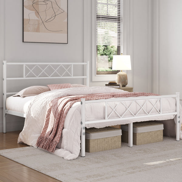 Costoffs Bed Frame, Simple Metal Bed Frame, Metal-Framed Bed Base with Storage, Bed Foundation for Small Space, Easy Assembly Bed Foundation with Cross-design Headboard and Footboard for Bedrooms, Single/Double/king, Black/White/Pink