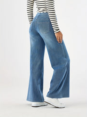 Women'S High-Waist Stretch Denim Wide-Leg Pants with Multiple Pockets, Distressed Vintage Casual Denim Long Pants