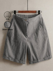 Women'S 100% Linen High Waist Shorts, Elastic Waist Button Front Loose Casual Bermuda Shorts for Daily Commute & Summer Vacation