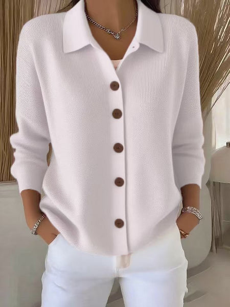 Women Lapel Collar Button Front Solid Long Sleeve Loose Casual Cardigan Top