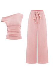 KatchMe Women's 2-Piece Outfit - Sloping Shoulder Top & Wide Leg Pants Set, Shirred Detail Matching Coord, Minimalist Solid Color Two Piece