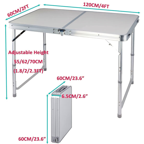 Folding Picnic Table Aluminum Camping Table Lightweight 3 Gear Adjustable Height Portable Folding Table with Carry Handle Adjustable Garden Outdoor Picnic Table Kitchen Work Top Table, White, 120x60x70/62/55cm