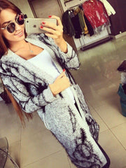 Women'S Abstract Batwing Sleeve Cardigan Sweater - High Neck & Contrast with Greyish- Tones, Mid-Length Casual Winter Fall Jacket, Cozy Character Pattern Design for Layering, Semi-Formal & Casual Attire, Cardigan Sweaters for Women