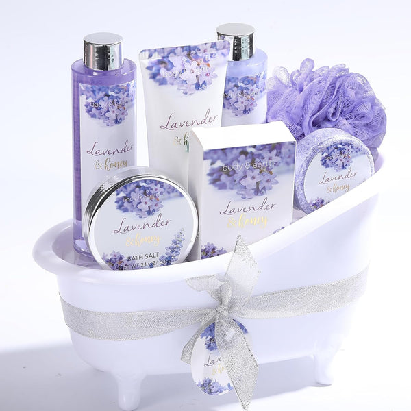 BODY & EARTH- 8 Pcs Lavender Gift Sets for Women, Includes Shower Gel, Bubble Bath, Spa Sets for Women Gifts, Birthday Gifts for Her, Valentines Gifts for Her