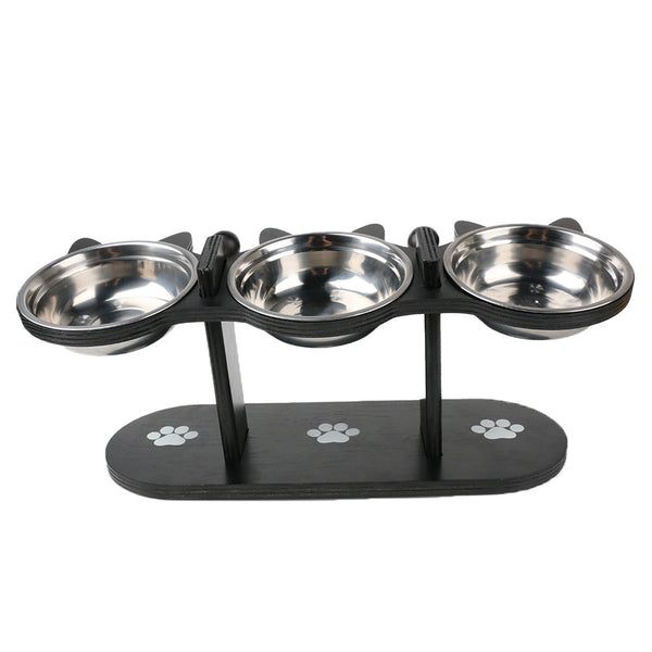 Pet Food Feeding Stand Station Stainless Cat Dog 3* Raised Bowls Wooden Holder