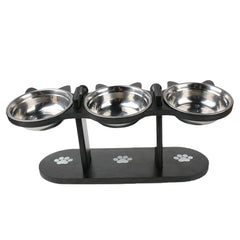 Pet Food Feeding Stand Station Stainless Cat Dog 3* Raised Bowls Wooden Holder