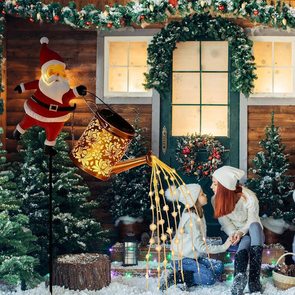 Christmas Santa Solar Kettle Lights, Garden Lawn Decorative Light, Solar Watering Can Garden Lawn Decor with Flowing LED Water, for Outdoor Patio Path Walkway Decoration, Unique Xmas Gifts (A*2)
