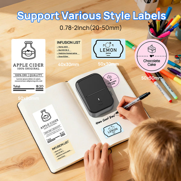 PM260B Portable Wireless Thermal Label Maker - 203DPI HD Printing, 1200mAh Long Battery, Auto-Calibration, Compatible with Mobile & Computer Systems, for Home Storage / Office Organization / Personal Item Sorting (Labels Included)