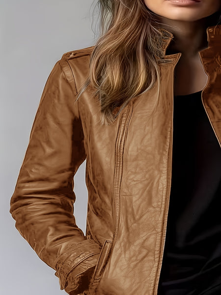 CHIDU Women's Jacket, PU, Retro Motorcycle Jacket Long-sleeved Jacket, Women's Long-sleeved Zipper Cardigan Stand-up Collar Design, Windproof Women's Jacket, Suitable for Spring, Autumn And Winter Jackets, Pockets, Global ALL, Casual Women's Jacket