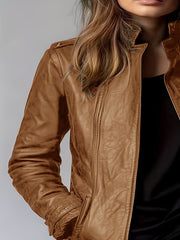 CHIDU Women's Jacket, PU, Retro Motorcycle Jacket Long-sleeved Jacket, Women's Long-sleeved Zipper Cardigan Stand-up Collar Design, Windproof Women's Jacket, Suitable for Spring, Autumn And Winter Jackets, Pockets, Global ALL, Casual Women's Jacket