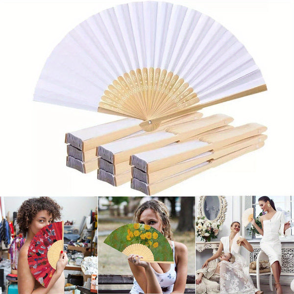 10pcs White Paper Bamboo Folding Fan Handheld Folded Fan for Wedding Party Decoration Calligraphy Painting Practice Blank White Folding Fan, Creative Blank Printing Advertising Gifts