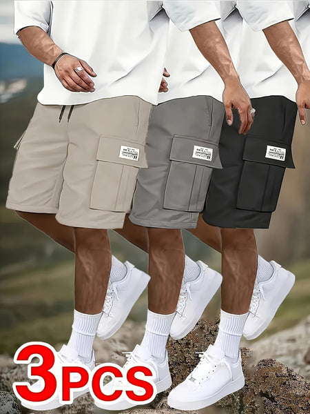 3pcs Men's Casual Cargo Shorts - Mid-Rise Elastic Waist, Multiple Utility Pockets, Loose Fit Durable Fabric for Golf & Outdoor Activities (Black, Beige, Light Gray, Dark Gray), Active Clothing | Relaxed Style | Flexible Comfort