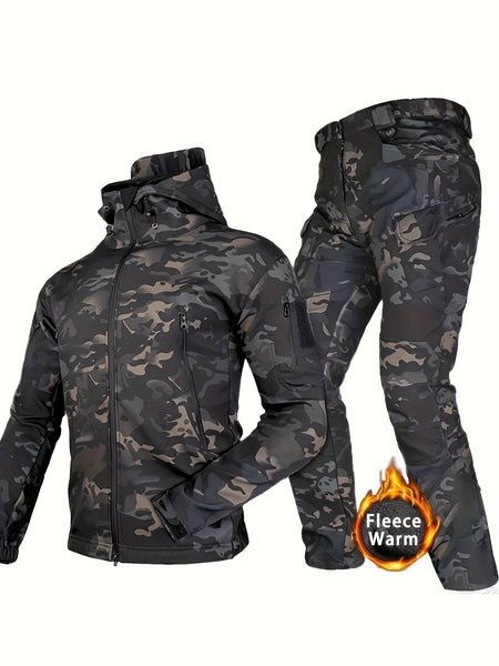 Men'S Soft Shell Winter Two-Piece Set with Multi-Pocket Fleece Jacket And Pants