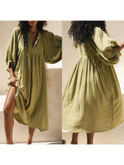 Casual Loose-Fitting Maxi Dress for Women with Lantern Sleeves, a V-Neck, And a Flowy Swing Design. Features 3/4 Puff Sleeves, Perfect for Boho Beach Outings, with a Tie-Up Front And Ruffled Details, Ideal for Vacations