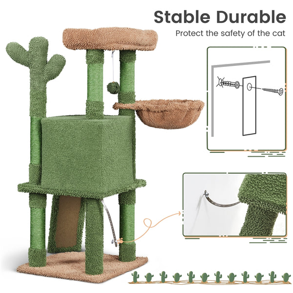 Costoffs Cat Tree, 107cm Cactus Cat Tree, Cat Furniture with Natural Sisal, Cactus Cat Tower with Platform, Condo, Basket, Scratching Posts, Board & Hanging Ball, Cat Furniture for Small/Medium Cats