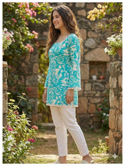 Estationeryhouse Cotton Printed Kurta Top, Long Sleeves, with White Tassels and Drawstring for Adjusting at Back