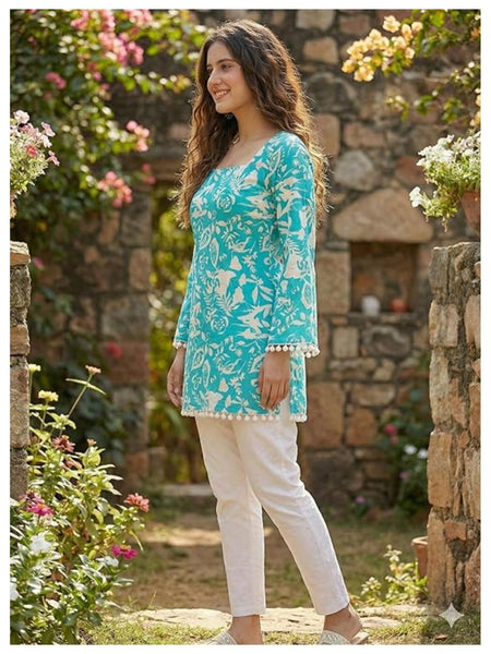 Estationeryhouse Cotton Printed Kurta Top, Long Sleeves, with White Tassels and Drawstring for Adjusting at Back