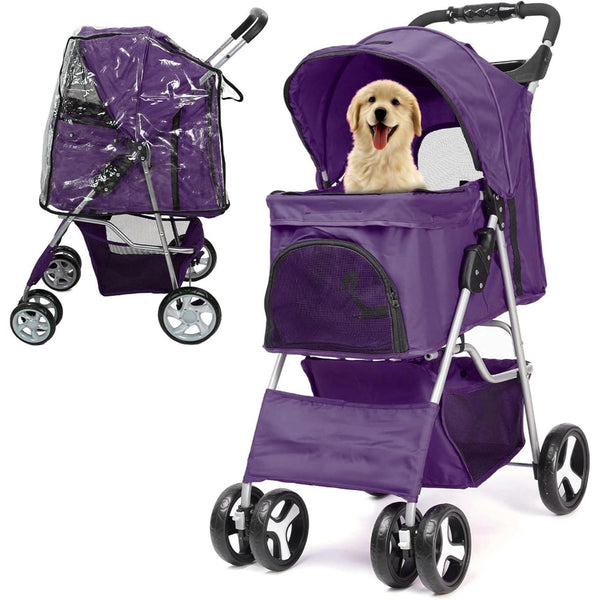 Foldable Pet Stroller With Rain Cover, Portable Foldable Outdoor Walking Cart with Large Space, Hand-Pull Design, Durable Oxford Fabric, Ergonomic Handle & Ventilation Mesh, Lightweight & Sturdy Frame For Small To Medium Dogs - Outdoor Pet Carrier, Modern
