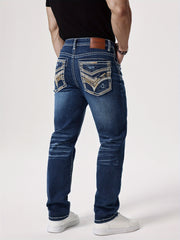 Men'S Elastic Washed Denim Jeans with Thick Line Embroidery on The Front And Back Pockets